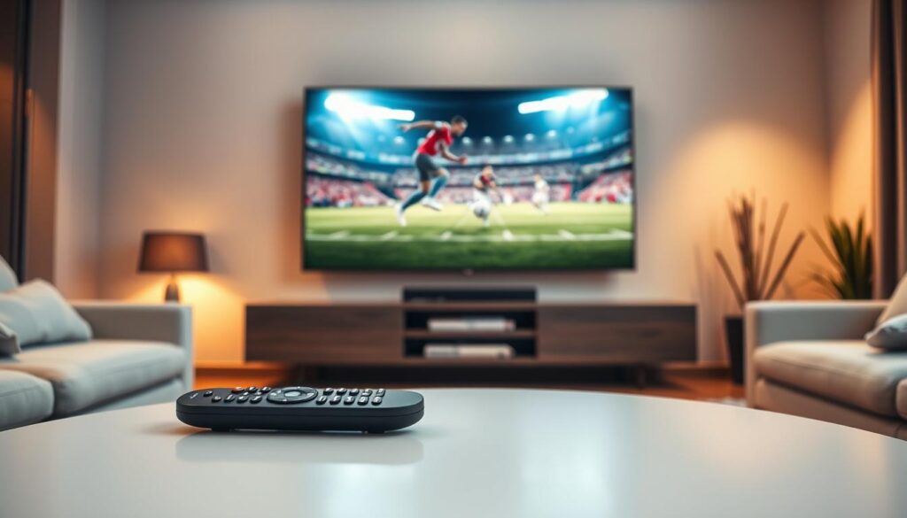 A sleek, modern living room with a large, high-definition TV screen prominently displayed. The screen shows a dynamic and vibrant live sports broadcast, capturing the excitement of a major sporting event. The room is bathed in warm, soft lighting that creates a cozy and inviting atmosphere. On a stylish, minimalist coffee table in the foreground, a high-end IPTV remote control sits, signifying the ease of accessing a vast array of live sports content at the user's fingertips. The overall scene conveys the convenience and immersive experience of enjoying live sports through a cutting-edge IPTV service.