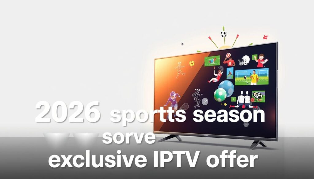 A sleek, modern sports-themed illustration showcasing an exclusive IPTV subscription offer for the 2026 sports season. Set against a clean, minimalist background, the foreground features a stylized, high-tech IPTV device prominently displayed, surrounded by dynamic sports icons and imagery representing a variety of popular athletic events. The device is bathed in a soft, warm lighting, creating a premium, high-quality feel. The middle ground features bold, attention-grabbing text highlighting the &amp;amp;quot;2026 sports season&amp;amp;quot; and &amp;amp;quot;exclusive IPTV offer&amp;amp;quot; in a visually striking manner. The overall composition conveys a sense of excitement, innovation, and the promise of an unparalleled sports viewing experience for the discerning consumer.