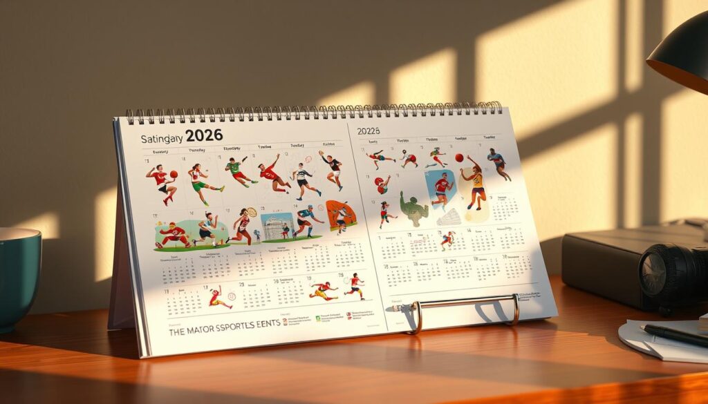 A vibrant, high-quality calendar showcasing the major sporting events of 2026. The calendar is displayed on a wooden desk, bathed in warm, natural lighting that casts subtle shadows. The pages feature crisp, detailed illustrations of various sports disciplines - football, basketball, tennis, athletics, and more. The layout is clean and modern, with a minimalist aesthetic that allows the imagery to take center stage. The calendar's design evokes a sense of anticipation and excitement for the upcoming sports season. The overall mood is one of energy, dynamism, and a touch of sophistication, perfectly capturing the spirit of the 2026 sporting calendar.